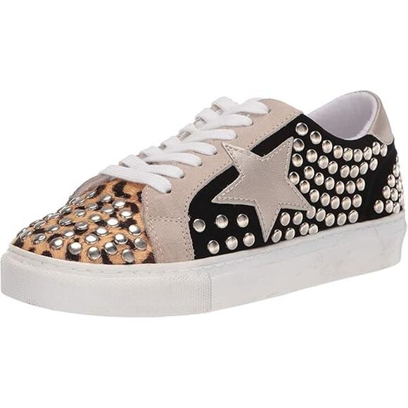Steve Madden Turner Studded Star Sneaker | Leopard Print Calf Hair | Ladies 7.5 - Picture 2 of 9